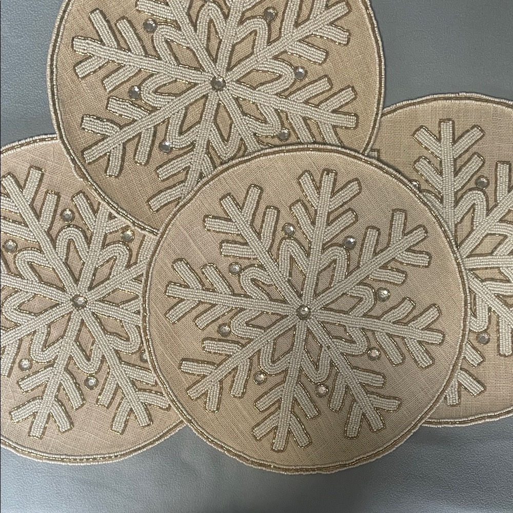 St. Nicholas Square Gold and Cream Beaded Snowflake Placemats (Set of 4)